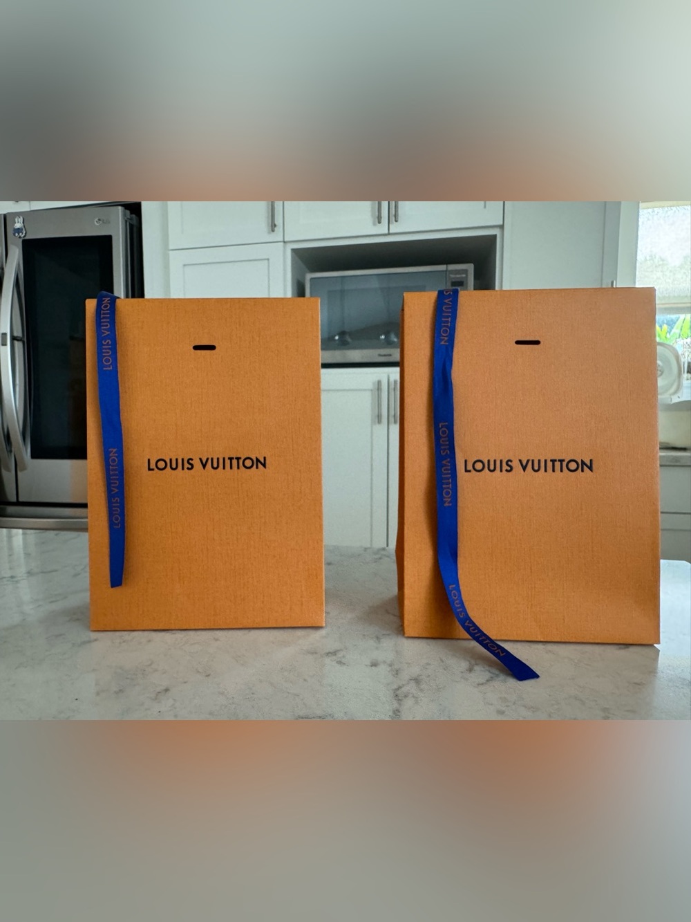 Louis Vuitton 2 - Orange Gift Bags with Blue Ribbon